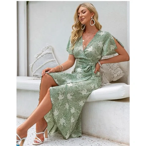 mint green floral wrap dress Daphne Maxi Dress in Mint/Pink Floral